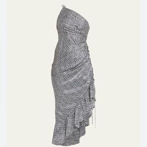 NEW ✨ Cinq à Sept One Shoulder Zebra Ruched Asymmetric Midi Dress Size 8